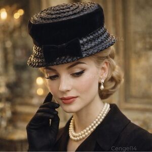 Vintage 1950s Black Tilt Hat Bow Detail – Classic Millinery Retro Elegance